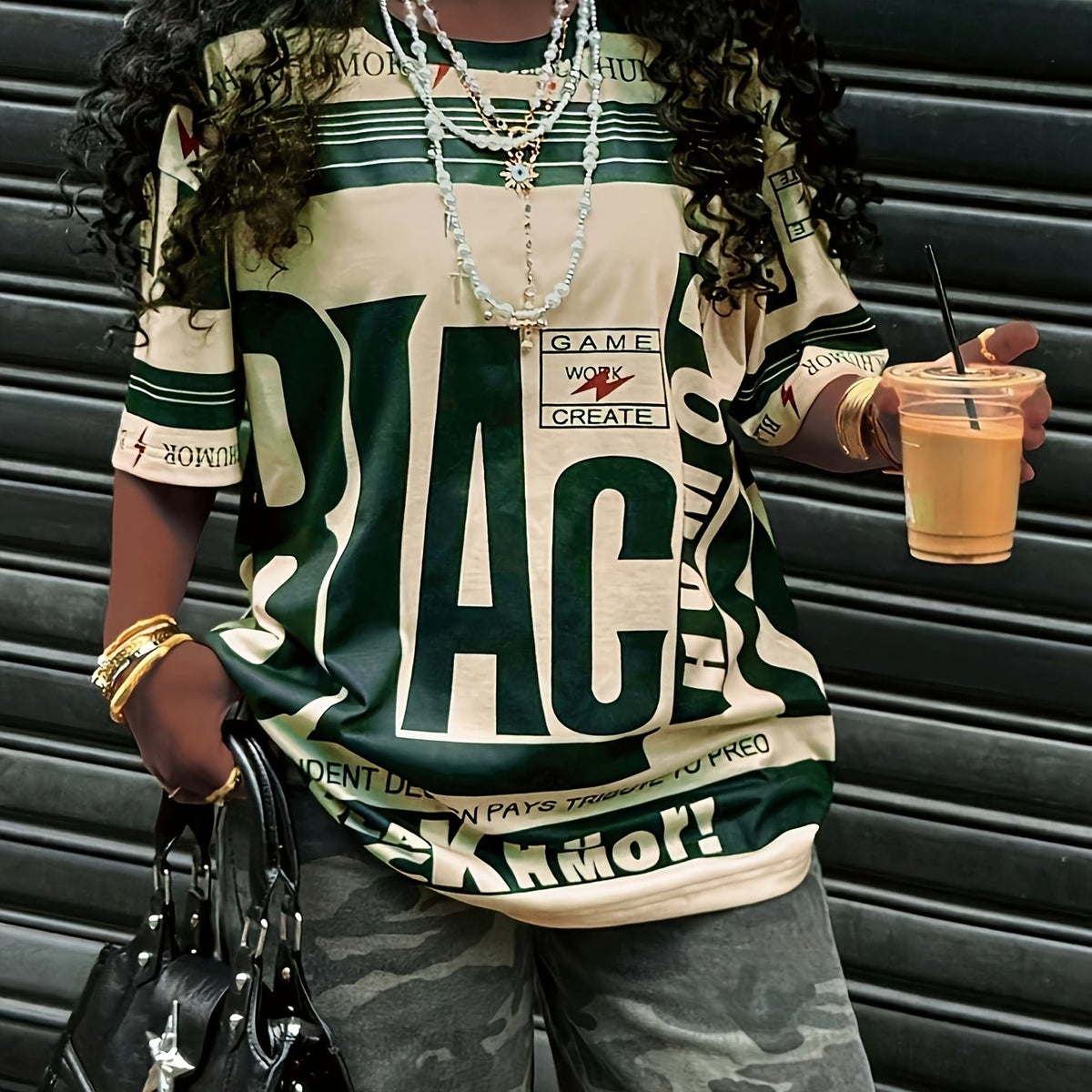 Women's Casual Letter Print T-Shirt - Olive Green with Black and White Text, Short Sleeve, Round Neck, Polyester, Machine Washable, Ideal for Casual Attire - SS69