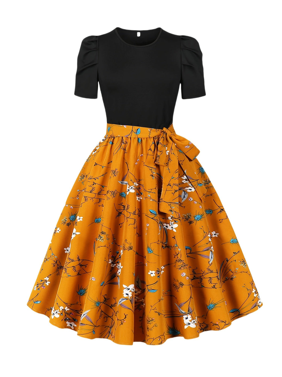 [Vintage Print Midi Dress] Orange Vintage-Inspired Print Midi Dress - Puff Sleeves, Round Neck, Elastic Waist & Belt Detail, Machine Washable Polyester SS69