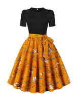 [Vintage Print Midi Dress] Orange Vintage-Inspired Print Midi Dress - Puff Sleeves, Round Neck, Elastic Waist & Belt Detail, Machine Washable Polyester SS69