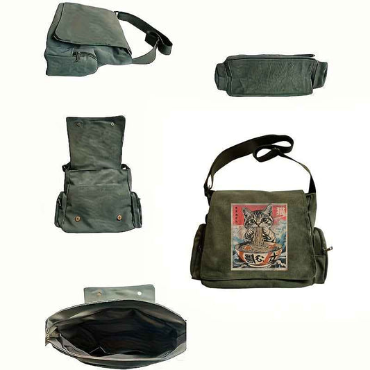 Large Capacity Shoulder Bag, Vintage Tote Crossbody Bag, Messenger Bag Supplementary Bag, Eating Ramen Cat Print, Suitable for Various Scenarios, Great Choice for Shopping, Travel, and Eating Out, Gift