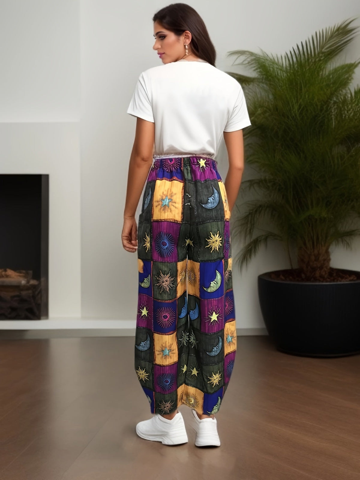 Sun & Moon Print Wide Leg Pants, Casual Elastic Waist Pants With Pocket, Women's Clothing SS69