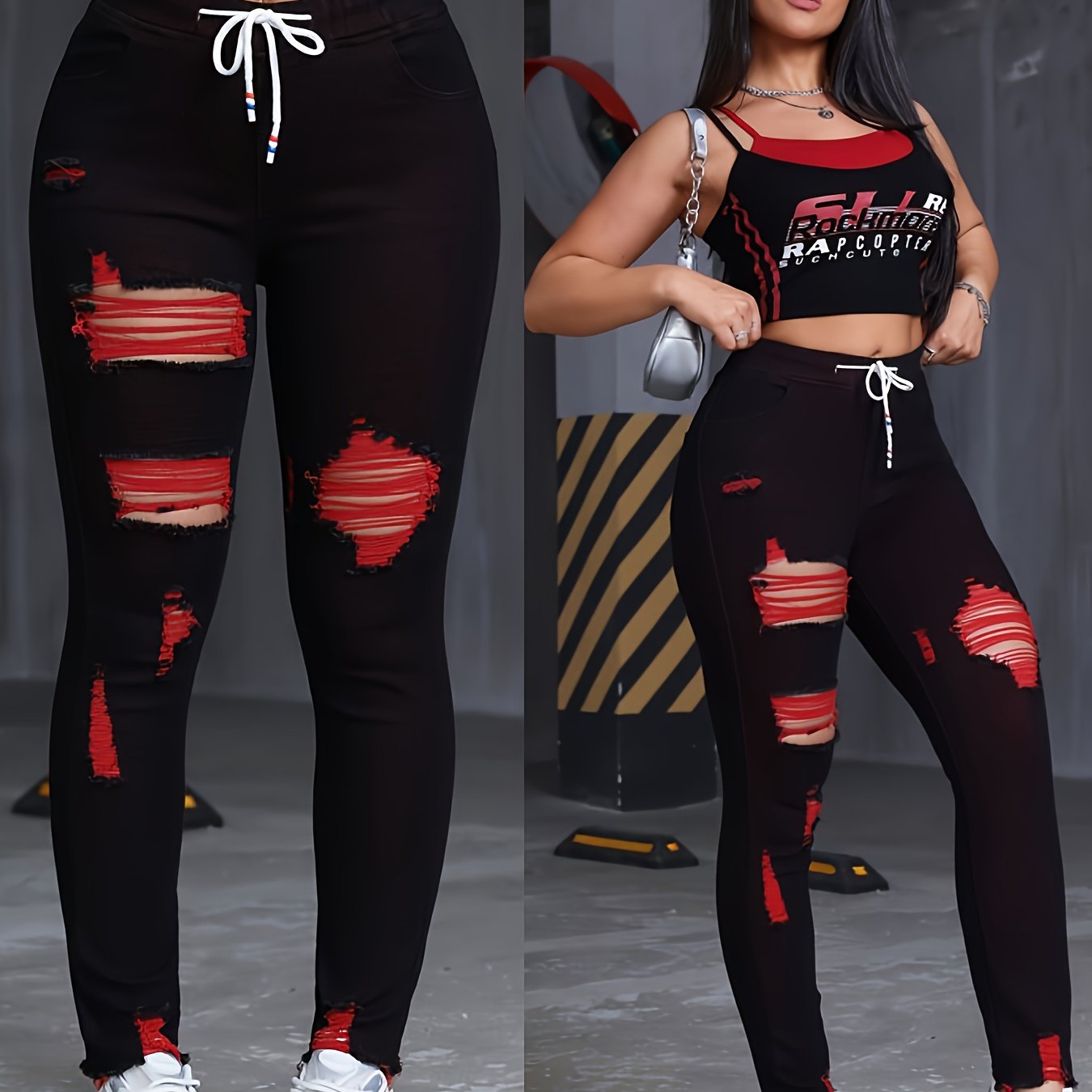 Women's High-Waisted Stretch Skinny Jeans - Black with Red & Green Thread Geometric Pattern, Y2K Distressed Ripped Cuffs & Slant Pockets, 85% Rayon/2% Elastane/13% Polyester Blend, Machine Washable All-Season Casual Pants SS69 25.69 Black / XXL