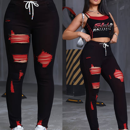 Women's High-Waisted Stretch Skinny Jeans - Black with Red & Green Thread Geometric Pattern, Y2K Distressed Ripped Cuffs & Slant Pockets, 85% Rayon/2% Elastane/13% Polyester Blend, Machine Washable All-Season Casual Pants SS69 25.69 Black / XXL
