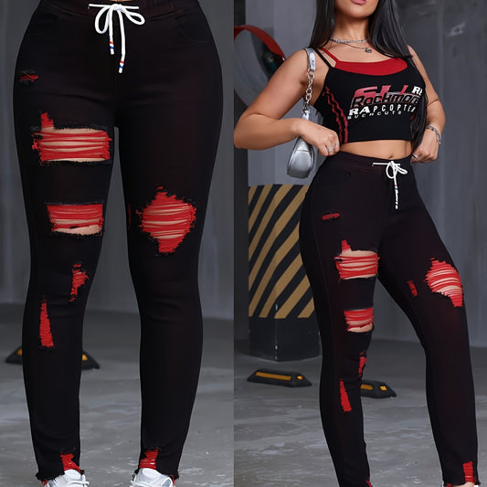 Women's High-Waisted Stretch Skinny Jeans - Black with Red & Green Thread Geometric Pattern, Y2K Distressed Ripped Cuffs & Slant Pockets, 85% Rayon/2% Elastane/13% Polyester Blend, Machine Washable All-Season Casual Pants SS69 25.69 Black / XXL