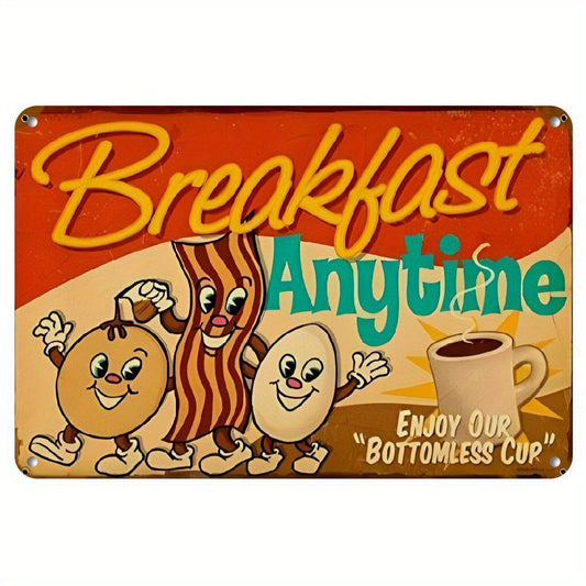 Vintage Breakfast Diner Sign - Retro Metal Wall Decor with "Breakfast Anytime" Design, Bacon & Eggs Cartoon Characters, Indoor/Outdoor Kitchen Art, 1950s Style, Coffee Bar Decor SS69 8.69 12x8in / 1pc