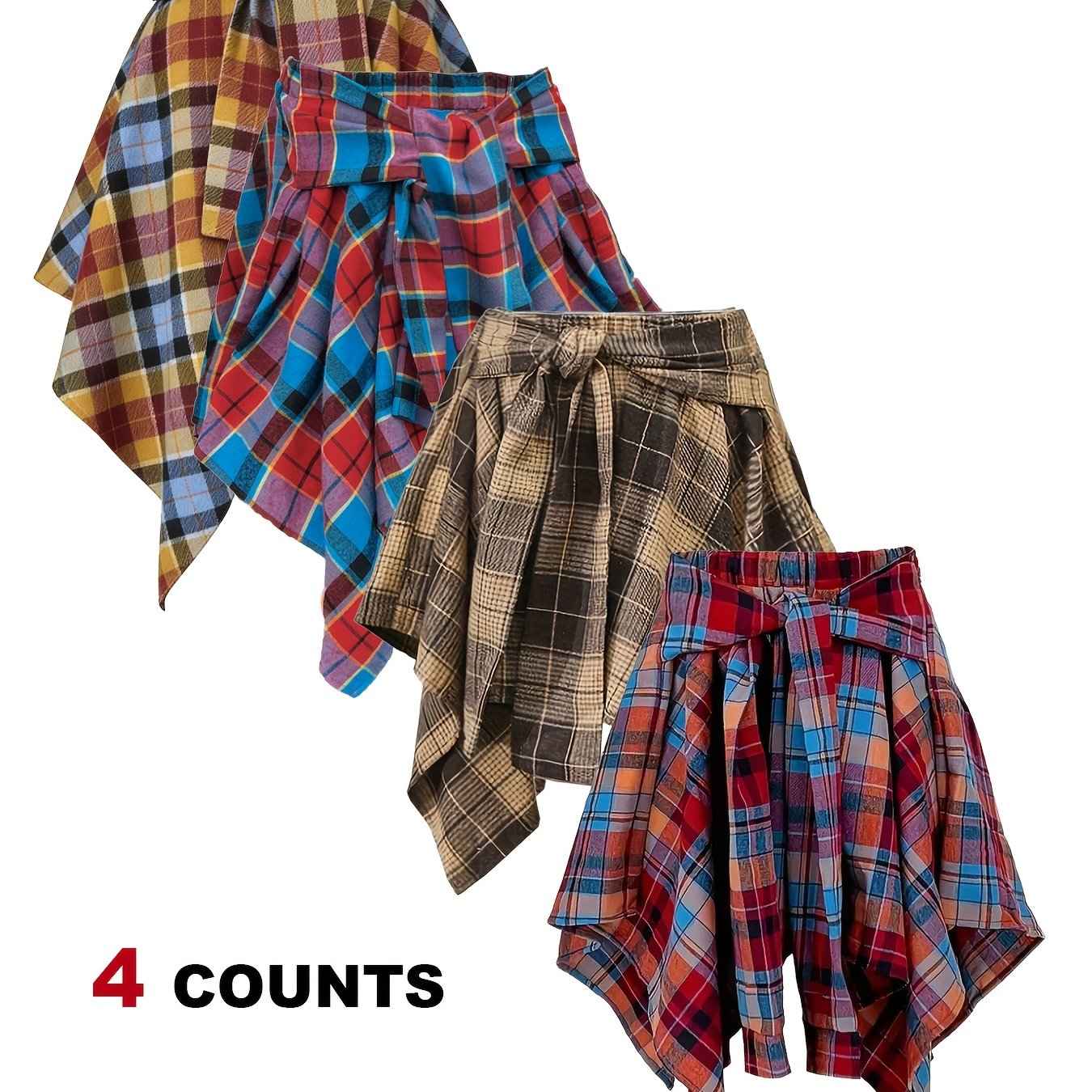 Plus Size - Plus Size - 4-Pack Plus Size Pleated Plaid Skirt | Women High Waist A-Line Elastic Waist Midi Skirt Casual Vintage Checkered Skirt With Slight Stretch Fabric