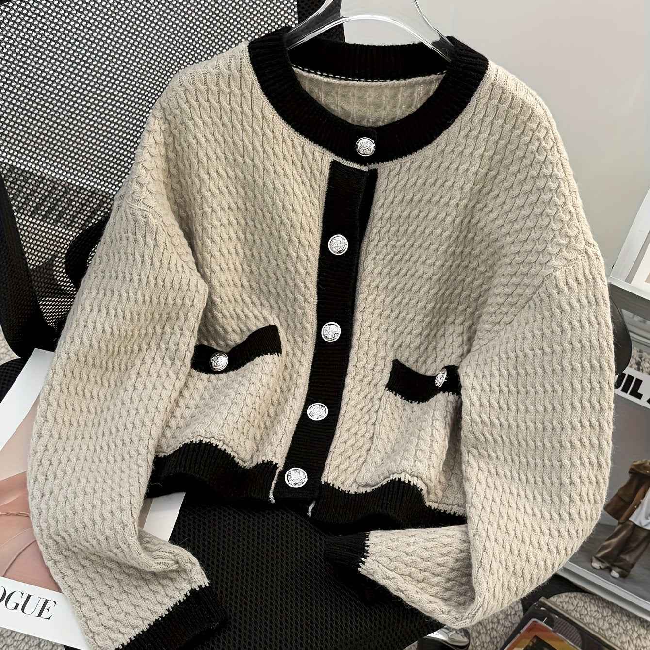 Solid Color Casual Cardigan with Contrast Trim & Pocket - Cozy Fall/Winter Sweaters, Hand Washable Layering Blouses for Jeans, Dresses, Skirts - Non- Basic Outerwear