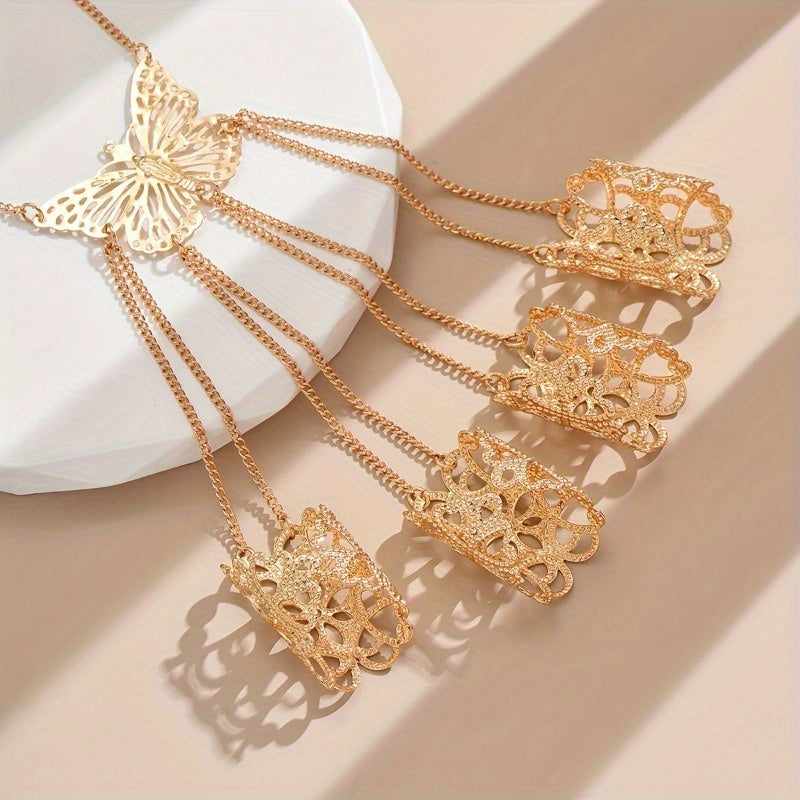 1pc Boho Punk Style 14K Golden Plated Copper Hand Chain, Exaggerated Butterfly Finger Ring Bracelet for Women, Versatile Jewelry for Daily and Banquet Occasions, All-Season Accessory SS69