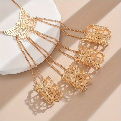 1pc Boho Punk Style 14K Golden Plated Copper Hand Chain, Exaggerated Butterfly Finger Ring Bracelet for Women, Versatile Jewelry for Daily and Banquet Occasions, All-Season Accessory SS69