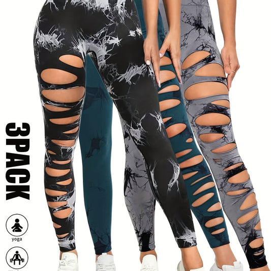 3 Pack High Waist Tie Dye Cutout Yoga Leggings - Scrunch Butt Lifting, Tummy Control, Elastic Workout Pants for Women SS69 42.69 3 Pack-GRY-BWH-DGN / S