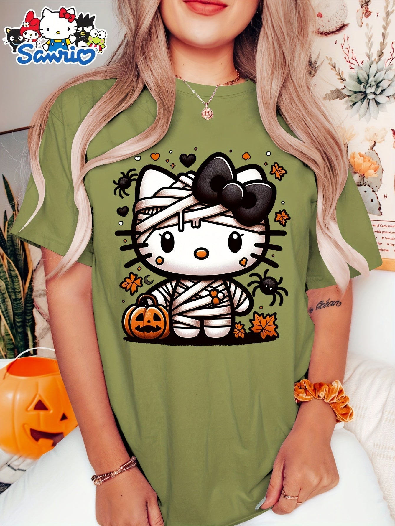 Sanrio Official Halloween Hello Kitty T-Shirt - Mummy Wrapped Graphic Tee with Orange Pumpkin, Casual Costume Party Outfit or Everyday Shirt for Women & Teens (S-XXL, Multi-Color Options) - Cute Sanrio Apparel, Halloween Clot SS69