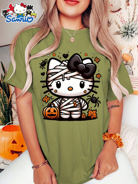 Sanrio Official Halloween Hello Kitty T-Shirt - Mummy Wrapped Graphic Tee with Orange Pumpkin, Casual Costume Party Outfit or Everyday Shirt for Women & Teens (S-XXL, Multi-Color Options) - Cute Sanrio Apparel, Halloween Clot SS69