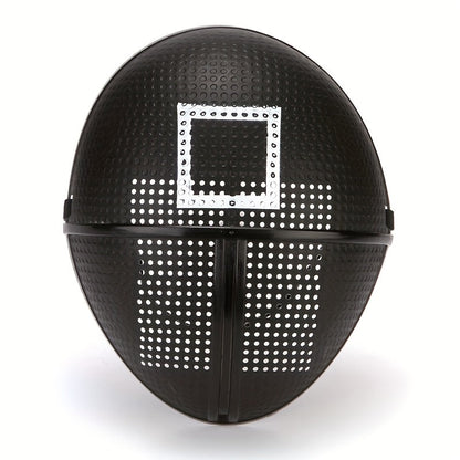 [Playful] Adjustable Black Full-Face Costume Mask for Adults - Funky Soldier Design with White Triangle & Circle Patterns, Breathable Plastic, Ideal for Halloween & Cosplay Parties, Roleplaying Prop | Playful Design | Secure SS69