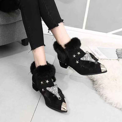 Fashio Pointed Toe faux fur Shoes for Women, Large Size, Fleece-Lined, Thick Heel, Thick Sole, Autumn Winter Warm Shoes