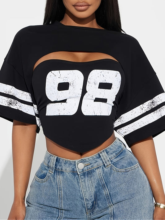 Women'S "98" Graphic Crop Top with Short Sleeves - Black, Casual Two-Piece Set with High-Waisted Jeans, Polyester Blend, Casual Attire|Graphic Crop Top|Knit Construction SS69