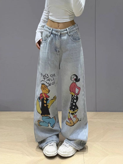 2025 new cartoon graffiti straight jeans for women light color casual versatile loose slim washed mopping trousers SS69