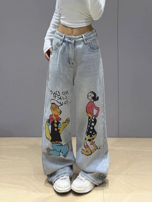 2025 new cartoon graffiti straight jeans for women light color casual versatile loose slim washed mopping trousers SS69