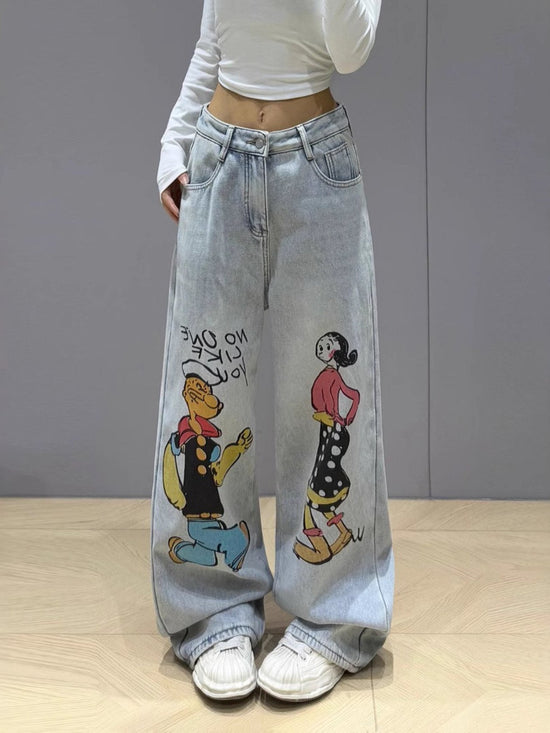2025 new cartoon graffiti straight jeans for women light color casual versatile loose slim washed mopping trousers SS69