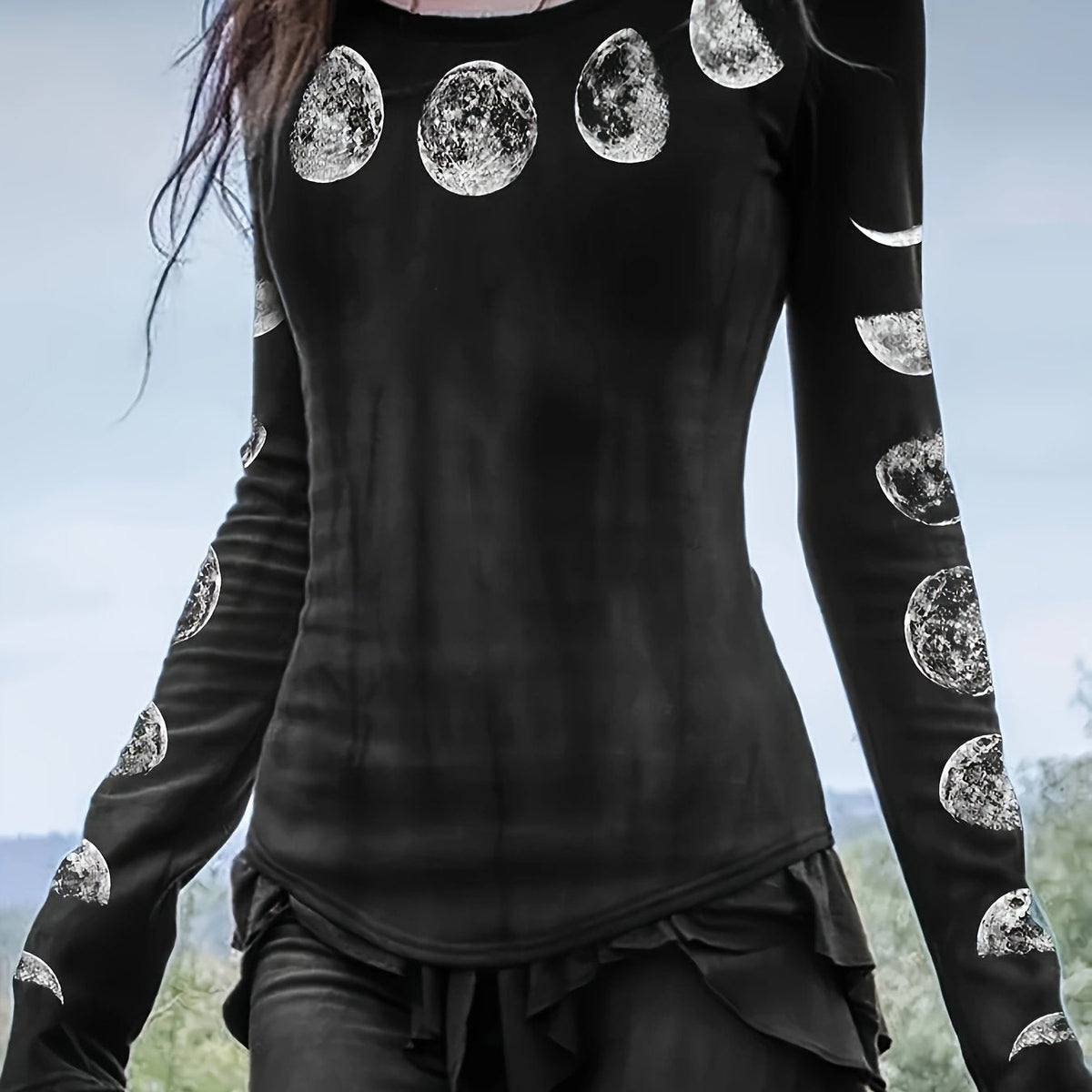 Women's Casual Moon & Star Planet Print Long Sleeve T-Shirt - Black Round Neck Top with Medium Stretch, Machine Washable, Spring Summer Fall Essential, Comfortable Clothing, Astronomical Theme, Nontransparent Fabric SS69 14.69 Black / XXL