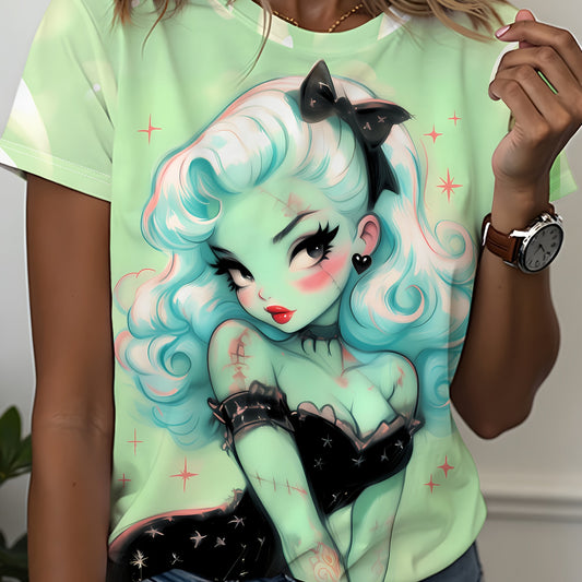 Women'S Mint Green Retro Gothic Graphic T-Shirt - Edgy Monster Print Tee, Lightweight Polyester Top for Cosplay, Parties & Everyday Streetwear - Non- Costume Shirt, Ladies T Shirts, Casual Wear, Vintage Style, Comfortable Fit SS69 15.69 Mint Green / XXL