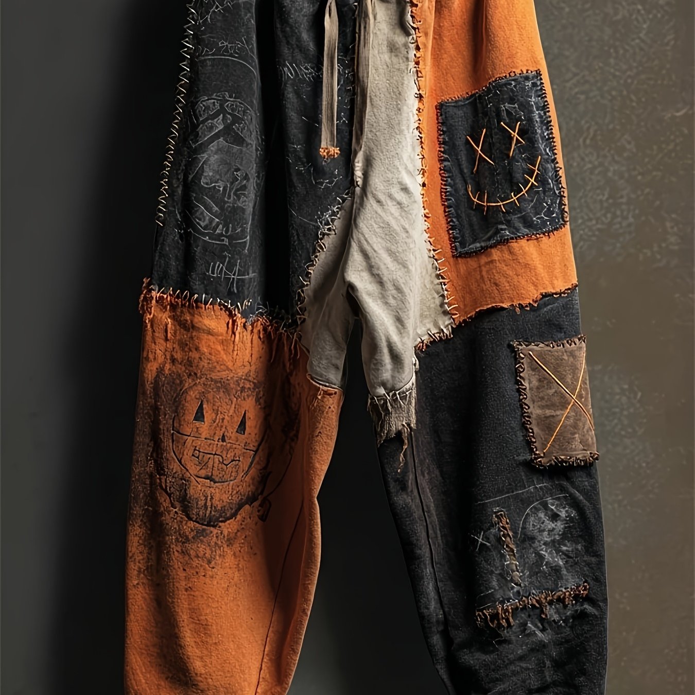 's Halloween Themed Torn & Frayed Hem Joggers - Orange/Black/White Casual Pants with joyful Face & Crossed-out Eyes Pocket Design, All-Season Wear, Machine Washable Costume or Everyday Bottoms SS69 20.69 Orange-red / XXL