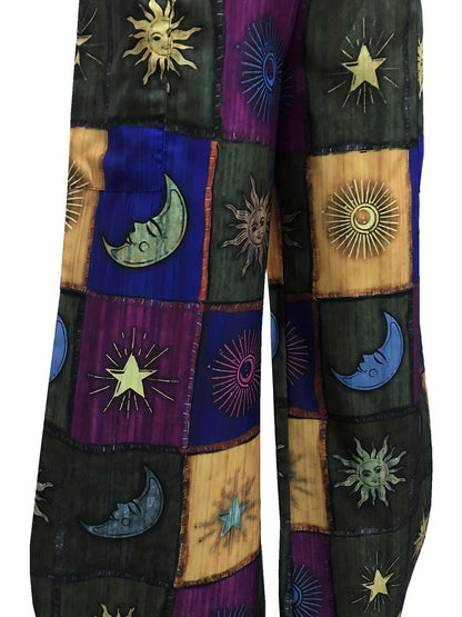 Sun & Moon Print Wide Leg Pants, Casual Elastic Waist Pants With Pocket, Women's Clothing - SS69
