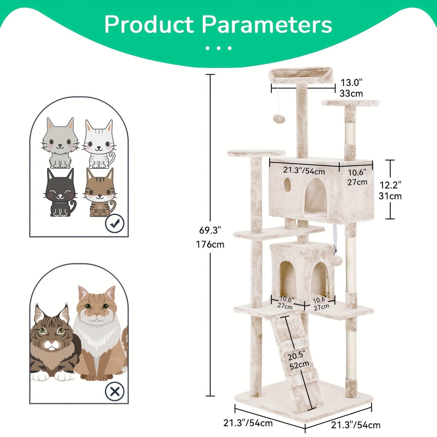 54/70" Multi-Level Cat Tree Tower with Scratching Posts & Cozy Condos, Space-Saving Indoor Cat Playhouse, Durable Plywood Construction, Fun Jumping Platforms, Multiple Colors Available for Cats SS69
