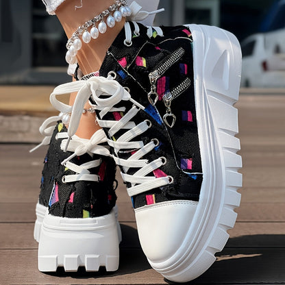 Heart Print Double Zipper Design Lace-up Sneakers SS69