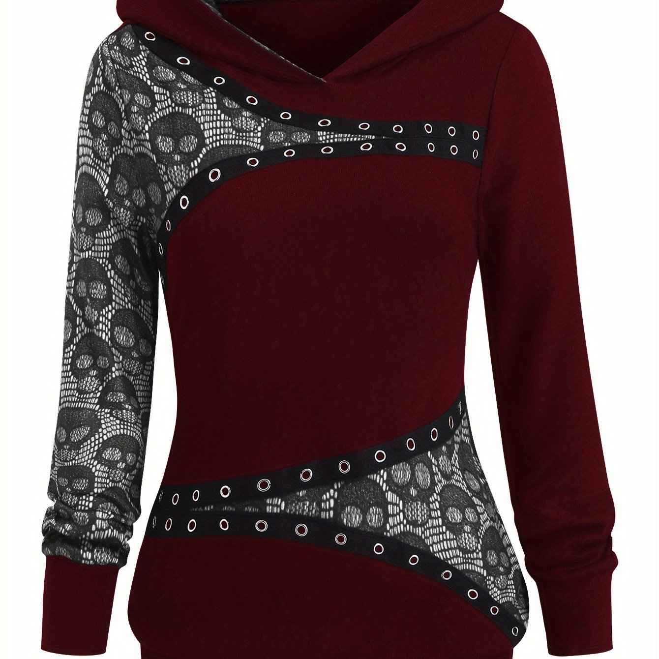 Women's Gothic Retro Skull & Lace-like Hooded Sweater - Black & White Color-Block Long Sleeve with Metal Grommet Eyelets, Slim-Fit Winter Warm Pullover, Machine Washable for Casual & Costume Outfits