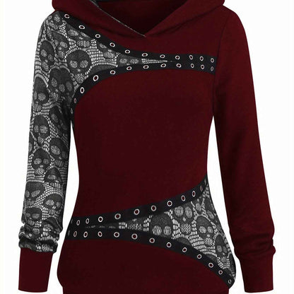 Women's Gothic Retro Skull & Lace-like Hooded Sweater - Black & White Color-Block Long Sleeve with Metal Grommet Eyelets, Slim-Fit Winter Warm Pullover, Machine Washable for Casual & Costume Outfits