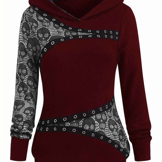 Women's Gothic Retro Skull & Lace-like Hooded Sweater - Black & White Color-Block Long Sleeve with Metal Grommet Eyelets, Slim-Fit Winter Warm Pullover, Machine Washable for Casual & Costume Outfits
