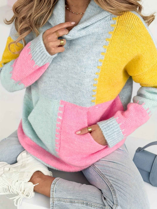 Plus Size Women's Elegant Hooded Sweater • Pastel Pink & Yellow Colorblock Long Sleeve Pullover • Cozy Front Pocket Fall/Winter Sweater • Everyday & Formal Outfits • Cute Casual Winter Wear • Durable Colorblock Desi
