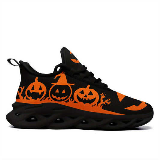 Women's Halloween Sneakers - Orange Pumpkin Jack-o'-Lanterns, Lace-Up Trick Treat Shoes, Plus Size Available - All-Season Casual Shoes for Halloween Parties, Casual Attire & Costume Outfits - Lightweight EVA Sole for Fall Fes SS69