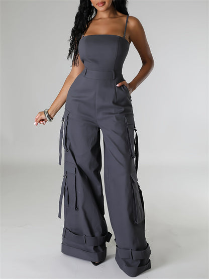 Women'S Y2K Wide-Leg Cargo Jumpsuit - Summer Utility Romper With Multi-Pockets And Spaghetti Straps | Casual Street Style Overalls For Outdoor Adventures/Urban Exploring (Adjustable Spaghetti Straps) SS69