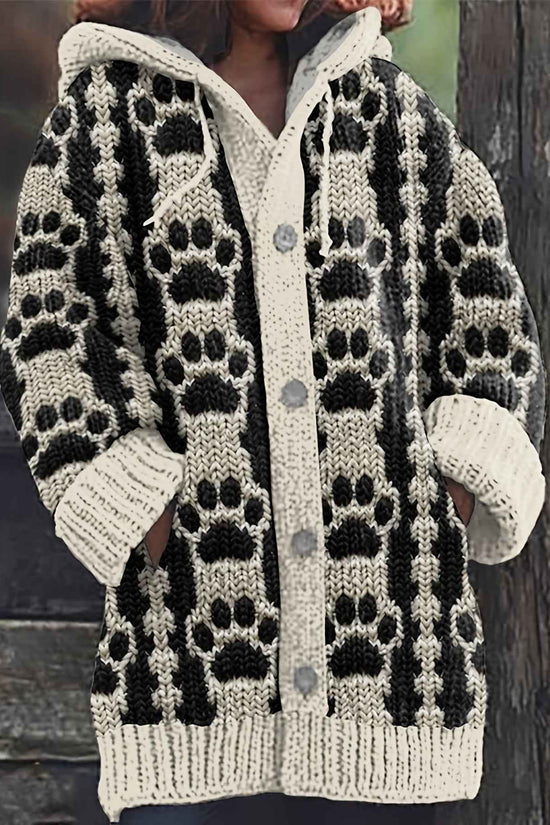 Plus Size, Plus Size Women's Oversized Hooded Cardigan Sweater Coat - Black & White Geometric Striped All-Over Print, Button-Front Jacket with Pocket, Soft Stackable Collar, Winter Warm Coat for Casual & Formal Wear (Hand Was