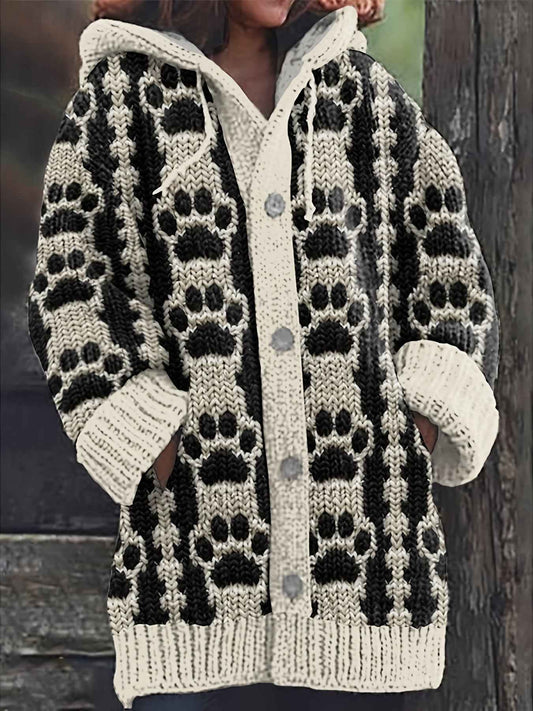 Plus Size, Plus Size Women's Oversized Hooded Cardigan Sweater Coat - Black & White Geometric Striped All-Over Print, Button-Front Jacket with Pocket, Soft Stackable Collar, Winter Warm Coat for Casual & Formal Wear (Hand Was