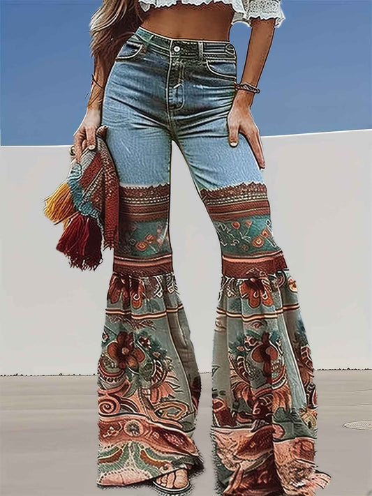 Women'S New Retro Printed High Waisted Pocket Jeans, Loose Casual Flared Pants