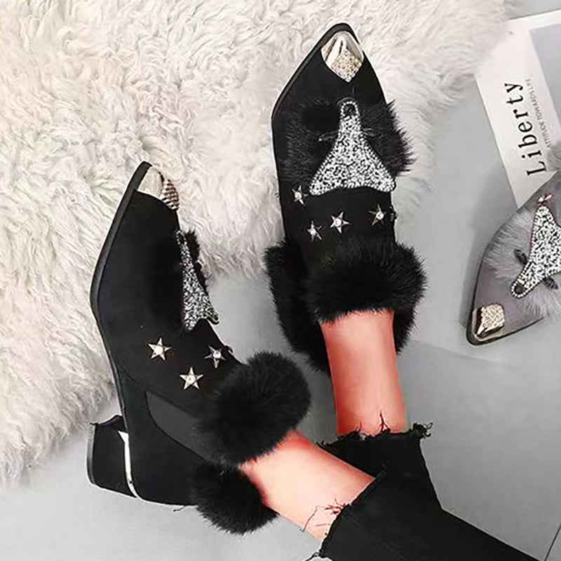 Fashio Pointed Toe faux fur Shoes for Women, Large Size, Fleece-Lined, Thick Heel, Thick Sole, Autumn Winter Warm Shoes