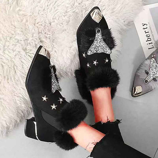Fashio Pointed Toe faux fur Shoes for Women, Large Size, Fleece-Lined, Thick Heel, Thick Sole, Autumn Winter Warm Shoes