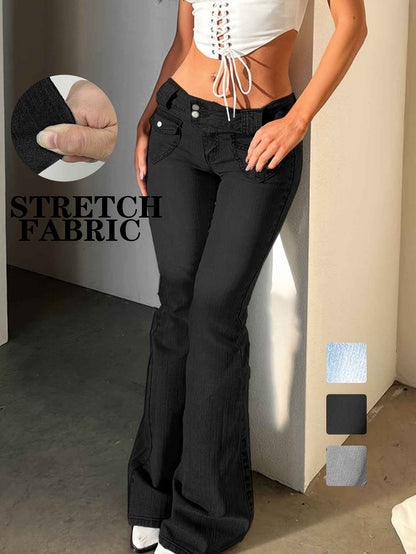 Women's Vintage Y2K Low-Rise Slim-Fit Flared Bell-Bottom Jeans Pants - Full-Length -Sweeping Trousers with Internal Zipper Closure, Machine Washable Retro for Casual Streetwear (Spring Summer Fall)