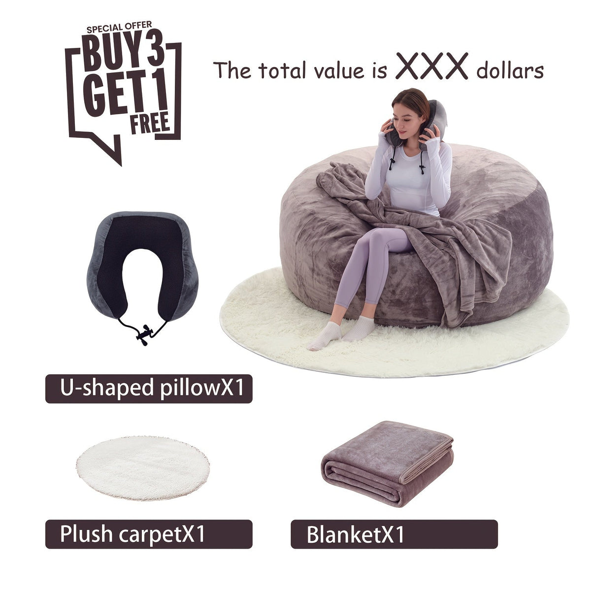 Bean Bag Chair(Give 3 Gifts:U-shape Pillow, Blanket Pillow, 6FT Carpet)Comfy Lazy Sofa Bed, Including 50 Pounds Of Filler, Large 6' Bean Bags With Memory Foam Filled, Large Beanbag Chairs Soft Sofa With Flannel Cover SS69