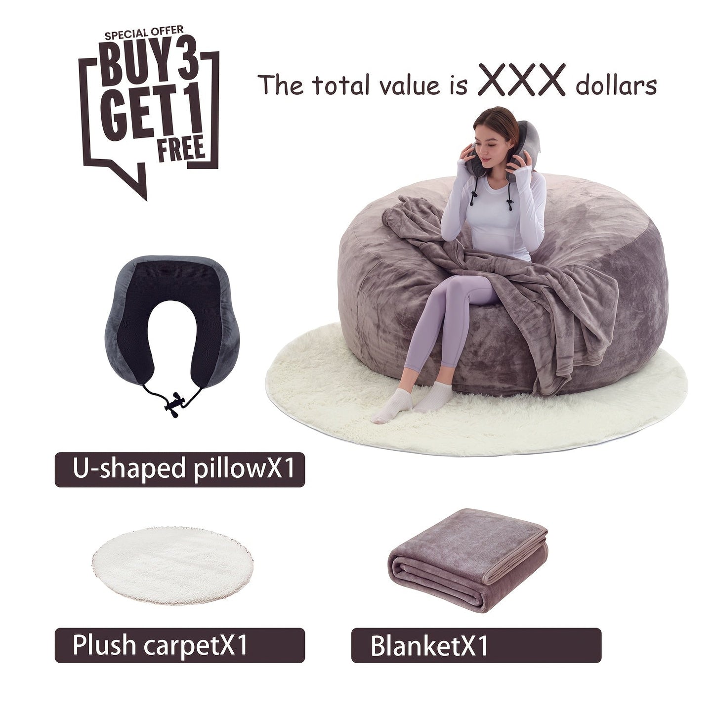 Bean Bag Chair(Give 3 Gifts:U-shape Pillow, Blanket Pillow, 6FT Carpet)Comfy Lazy Sofa Bed, Including 50 Pounds Of Filler, Large 6' Bean Bags With Memory Foam Filled, Large Beanbag Chairs Soft Sofa With Flannel Cover SS69