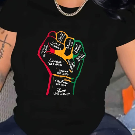 Women's Black History Month T-Shirt - Casual Crew Neck, Colorful Fist Graphic with Inspirational Quotes, Short Sleeve, 100%, Perfect for Outdoor Activities & Casual Wear SS69 12.69 Black / XXL