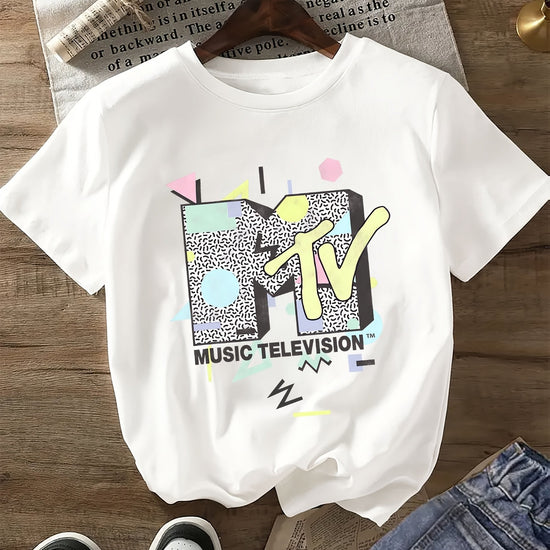 Women's Retro Graphic Letter Print T-Shirt - Casual Round Neck, Polyester, Machine Washable, Colorful MTV Music Television Design SS69 11.69 White / XXL