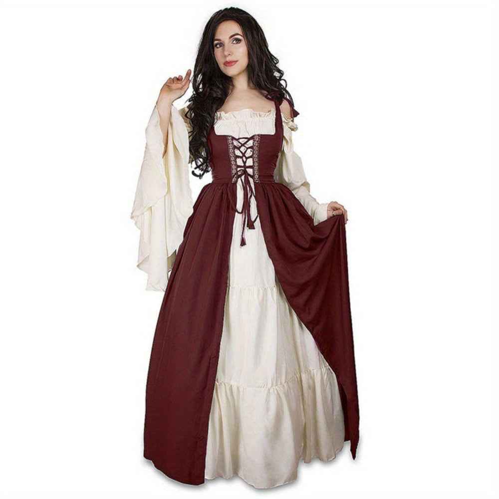 [Elegant Medieval Costume] Elegant Women's Medieval Two-Piece Costume - Renaissance Drama Outfit with Corset-like Bodice & Long Flowing Skirt | Halloween, Renaissance Faire, Themed Parties | Burgundy/White, Black/White, Green
