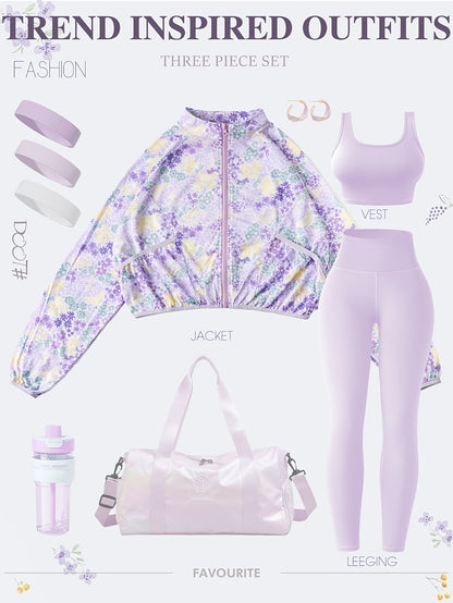 Spring and summer new mesh printed breathable quick drying long sleeved cardigan zipper jacket for women, solid color wide shoulder sports vest, running training Light Beige friendly fitness pants, yoga suit three piece set ( SS69