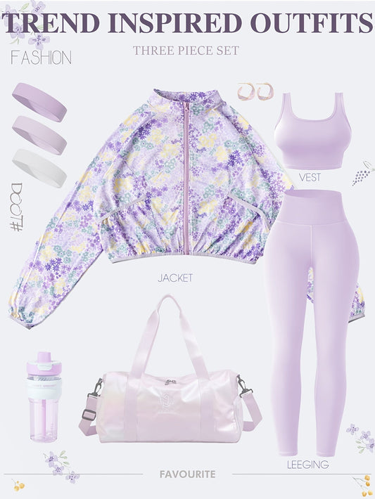 Spring and summer new mesh printed breathable quick drying long sleeved cardigan zipper jacket for women, solid color wide shoulder sports vest, running training Light Beige friendly fitness pants, yoga suit three piece set ( SS69