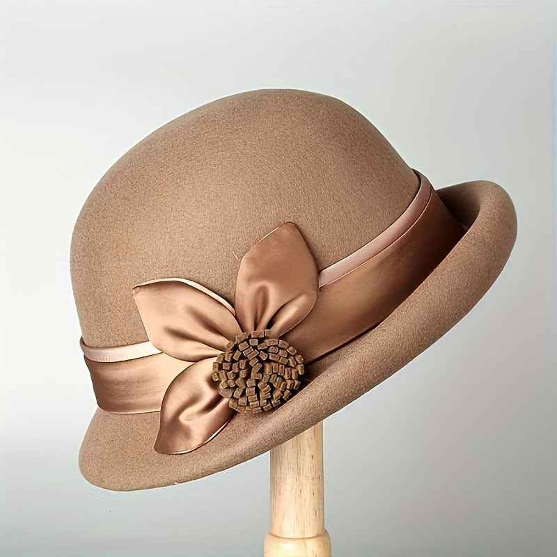 Women'S Elegant English Style Felt Hat - Lightweight Thermal Wide Brimmed Winter Bucket Hat with Brown Neckline, Soft Non-Elastic Design & Ear Flaps, All-Season Snug Fit for Weddings, Parties, New Year'S Events - Machine Wash