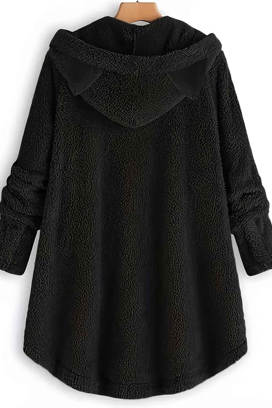 Plus Size, Women's Plus Size Cat Print Button Detail Hem Plush Casual Long Sleeve Hooded Sweatshirt