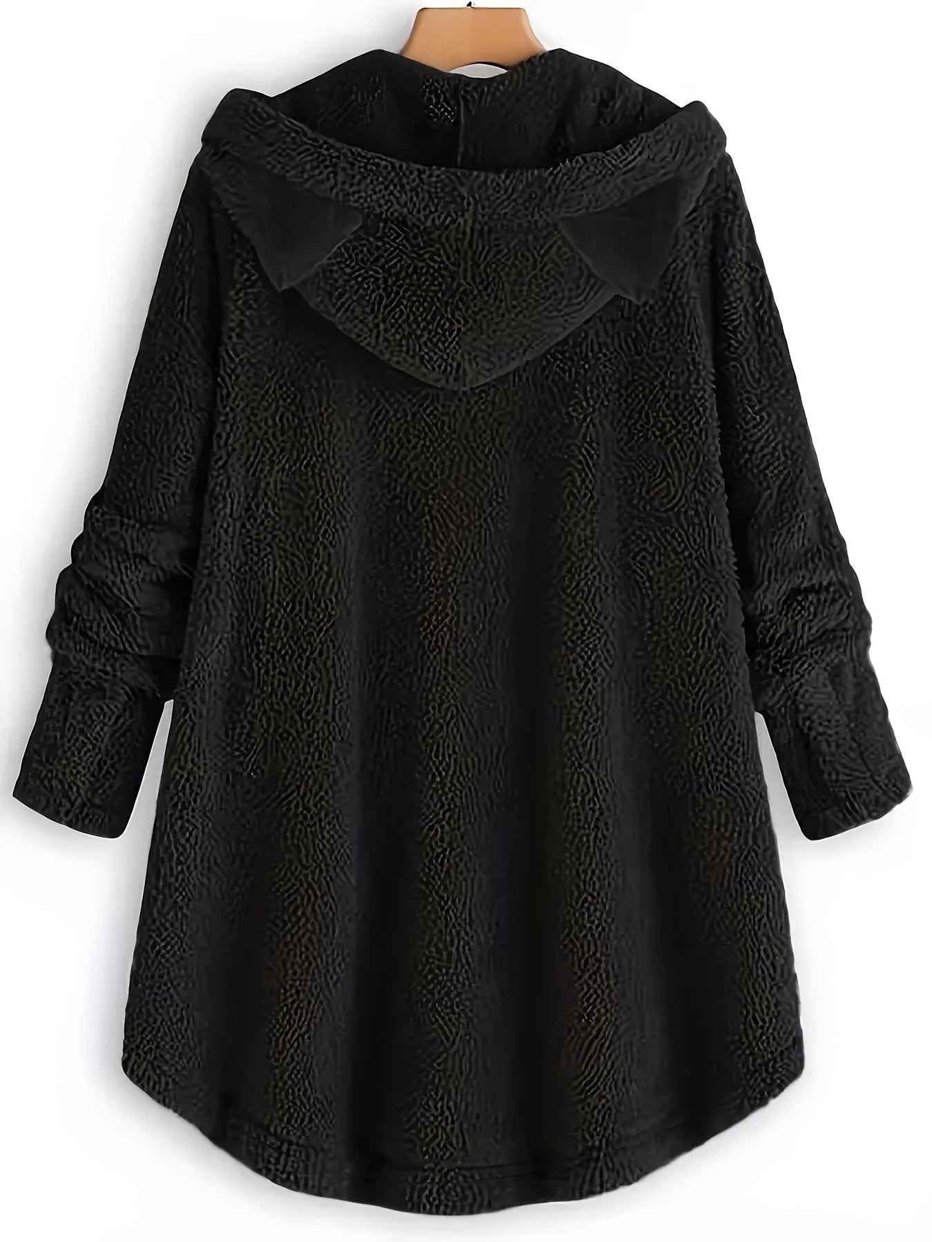 Plus Size, Women's Plus Size Cat Print Button Detail Hem Plush Casual Long Sleeve Hooded Sweatshirt